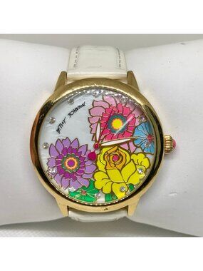 Betsey Johnson Women's Flower Dial White Watch gold tone 43mm quartz running
